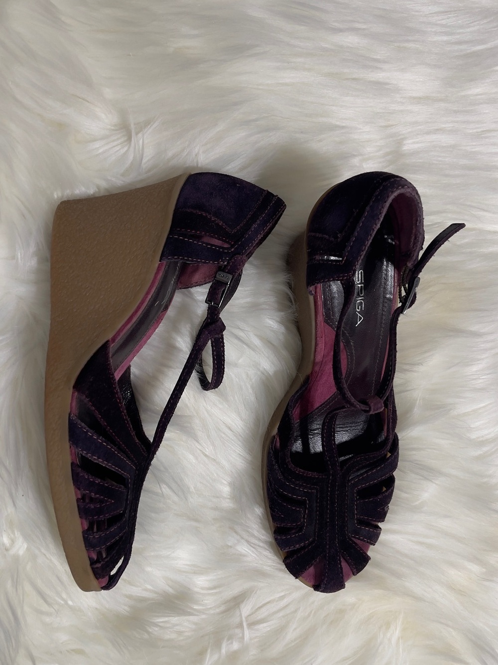 Via Spiga Plum Suede Strappy Wedge Sandals with Tan Sole